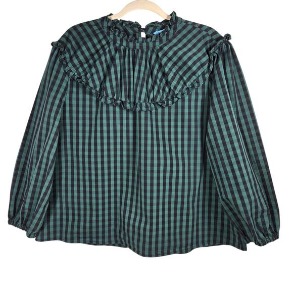 Draper James Tops - Draper James RSVP Gingham Ruffle Neck Blouse Women’s XL Green Black Check
